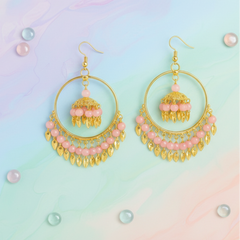 EL ARO Gold Hoop Jhumka Earrings with Mint Green Beads & Leaf Drops