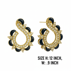 EL ARO Gold & Black Enamel Paisley Swirl CZ Stud Earrings