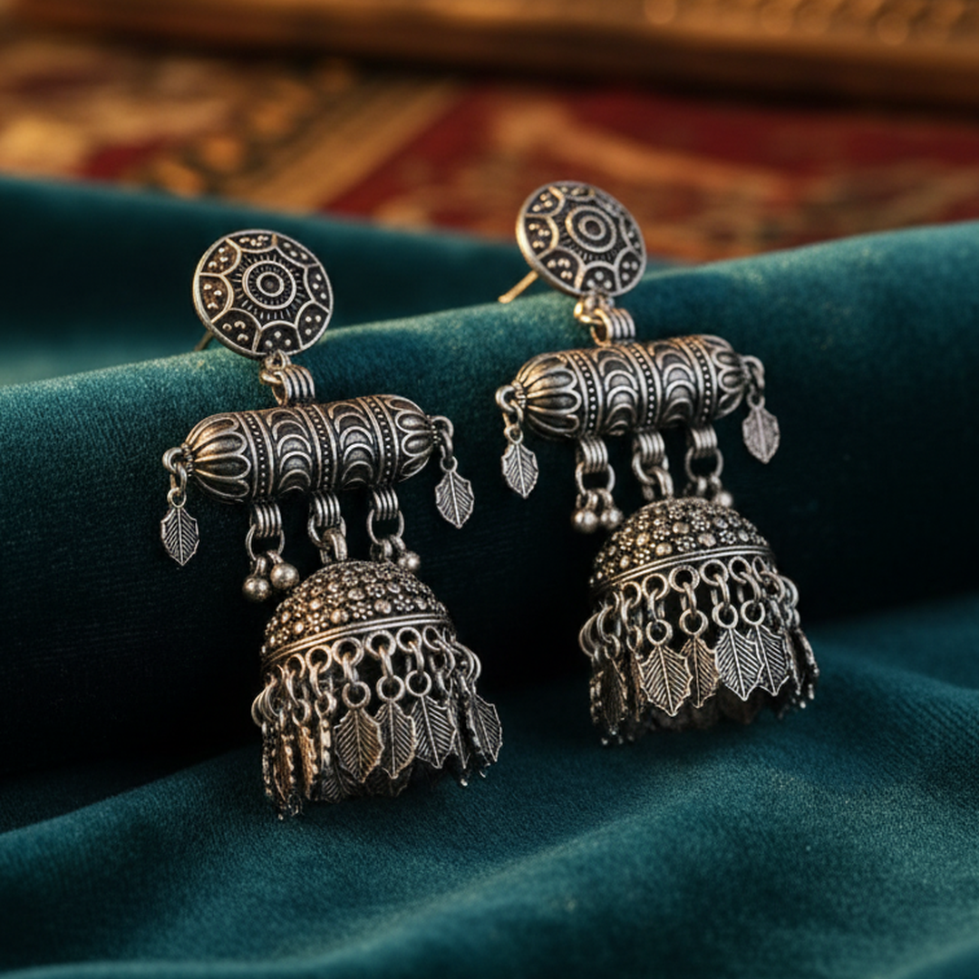 EL ARO Bohemian Antique Silver Jhumka Drop Earrings with Hanging Leaf Accents