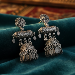 EL ARO Bohemian Antique Silver Jhumka Drop Earrings with Hanging Leaf Accents