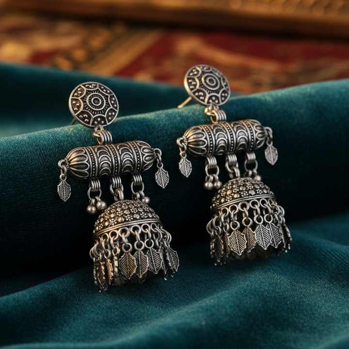 EL ARO Bohemian Antique Silver Jhumka Drop Earrings with Hanging Leaf Accents