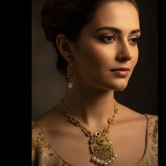 Elaro Gold Kundan Lotus Choker Necklace Set with Ruby Bead Drops