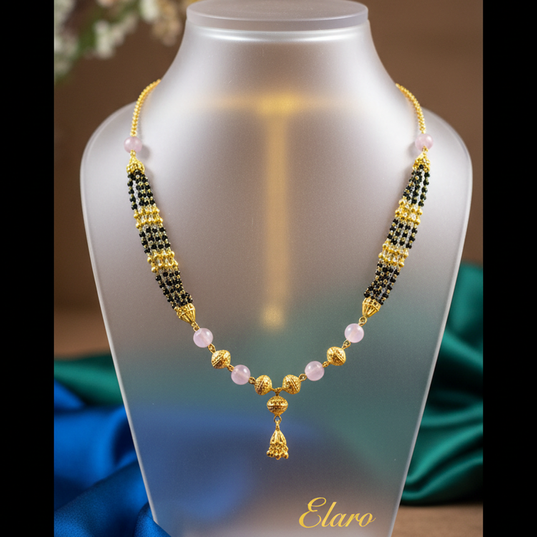 Elaro Gold-Plated Black Bead Mangalsutra with Floral Gold Pendant