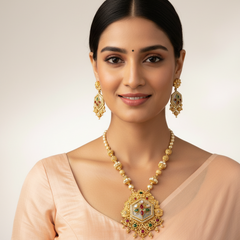 EL ARO Royal Matte Gold-Plated Long Necklace Set with Matching Drop Earrings