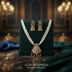 Elaro Pearl Strand Necklace & Jhumka Earrings Set with Peacock Pendant
