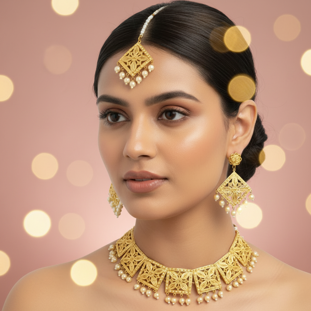 EL ARO  Bridal Gold Choker Necklace Set with Maang Tikka and Drop Earrings For Women