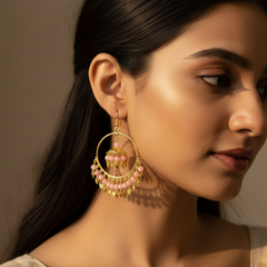 EL ARO Gold Hoop Jhumka Earrings with Mint Green Beads & Leaf Drops