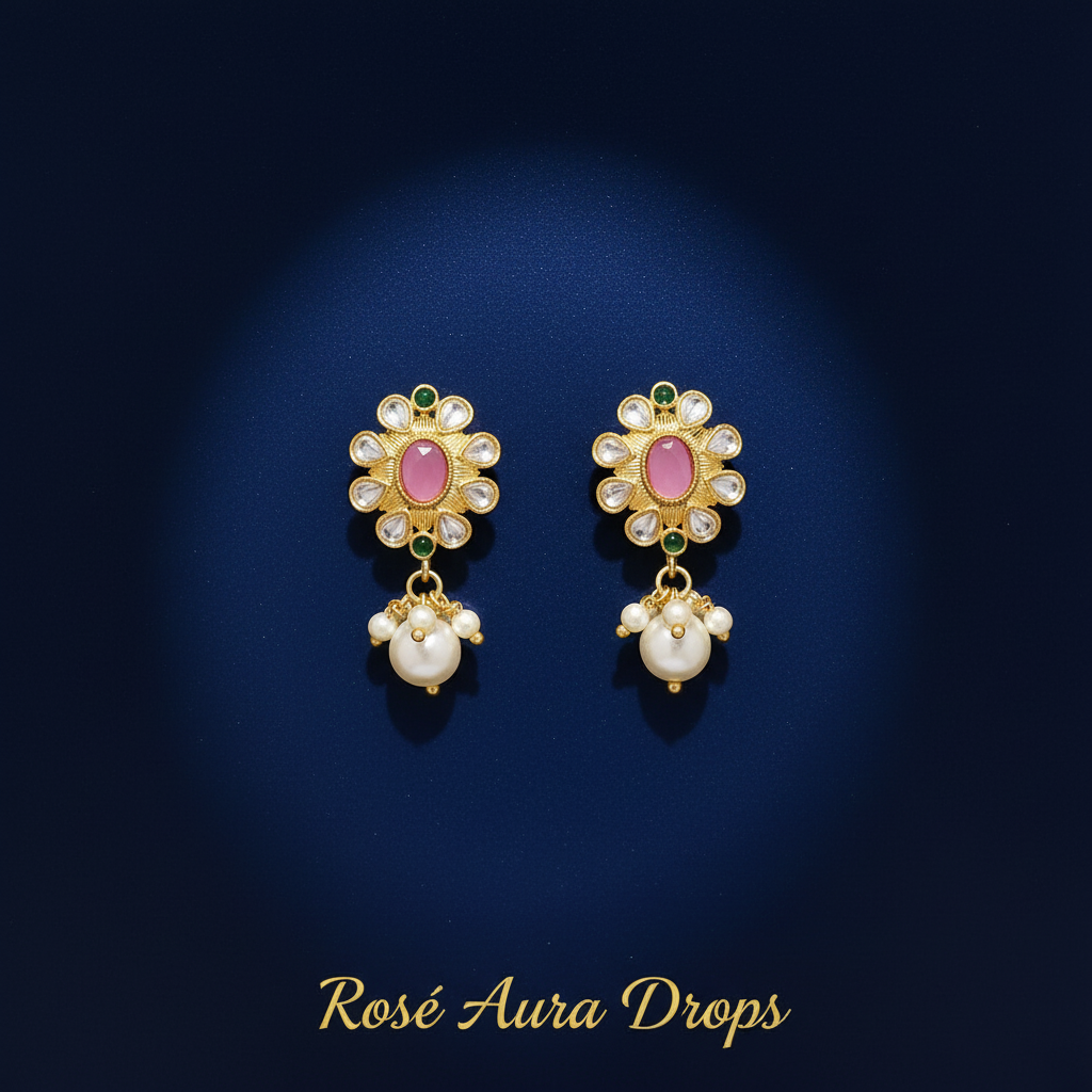A pair of gold dangle earrings with pink oval stones, surrounded by clear stones and hanging white pearl drops, displayed on a dark blue background with the text 'Rosé Aura Drops' at the bottom.