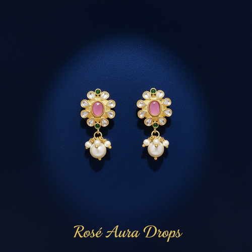 A pair of gold dangle earrings with pink oval stones, surrounded by clear stones and hanging white pearl drops, displayed on a dark blue background with the text 'Rosé Aura Drops' at the bottom.