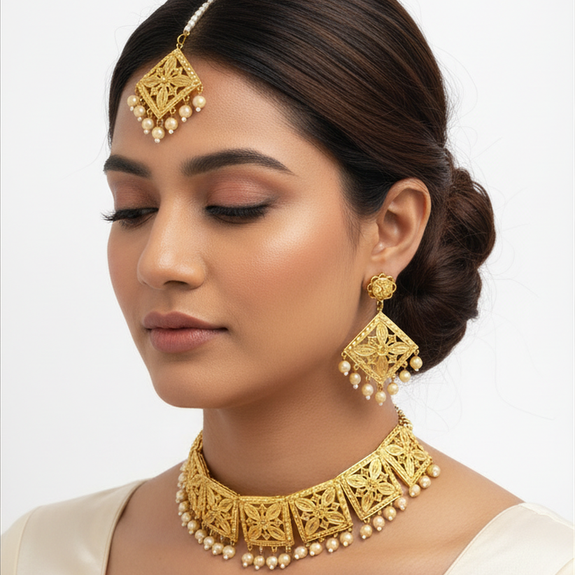 EL ARO  Bridal Gold Choker Necklace Set with Maang Tikka and Drop Earrings For Women