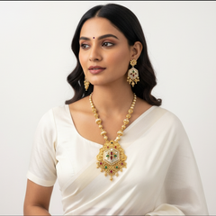EL ARO Royal Matte Gold-Plated Long Necklace Set with Matching Drop Earrings