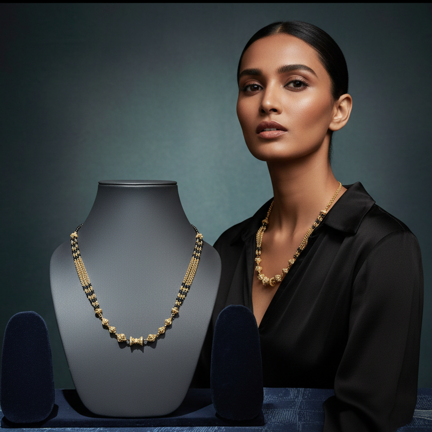 Elaro Gold-Plated Black Bead Mangalsutra with Floral Gold Pendant