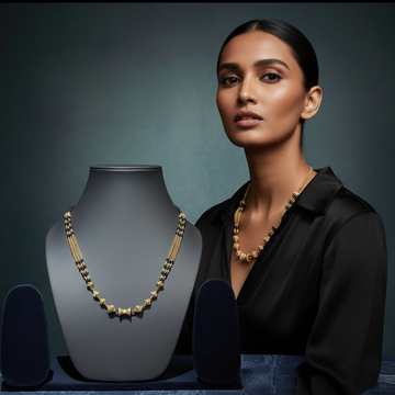 Elaro Gold-Plated Black Bead Mangalsutra with Floral Gold Pendant