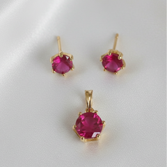 EL ARO Gold Ruby Red Oval CZ Pendant Necklace & Stud Earrings Set