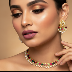 EL ARO Traditional Gold-Plated Multi-Color Beaded Choker Necklace Set with Matching Drop Earrings