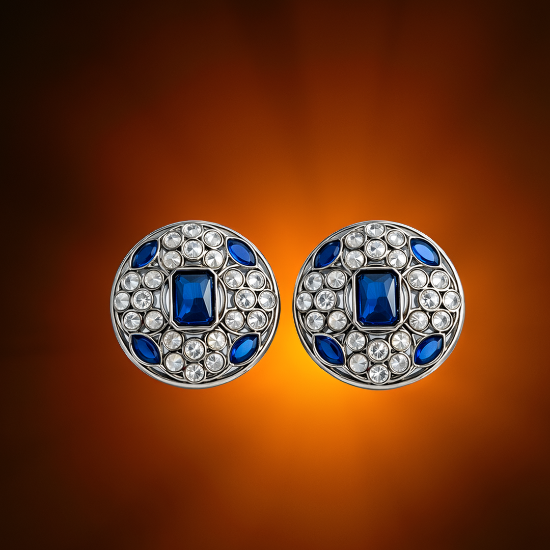 EL ARO Silver Round Stud Earrings with Sapphire Blue & CZ Stones