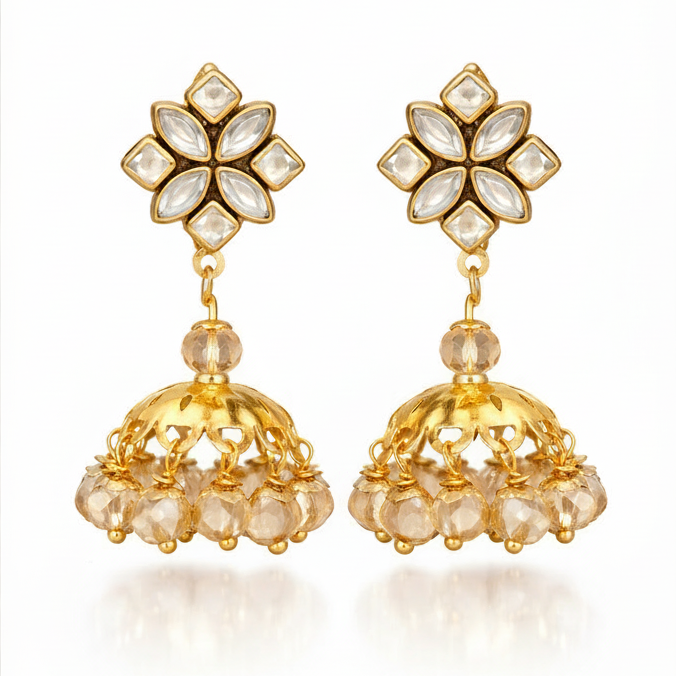 EL ARO Kundan Flower Jhumka Earrings with Pearl Bead Drop