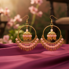 EL ARO Gold Hoop Jhumka Earrings with Mint Green Beads & Leaf Drops