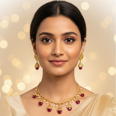 EL ARO Gold Floral Jhumka Necklace Set with Pink, Purple & Black Bead Drops