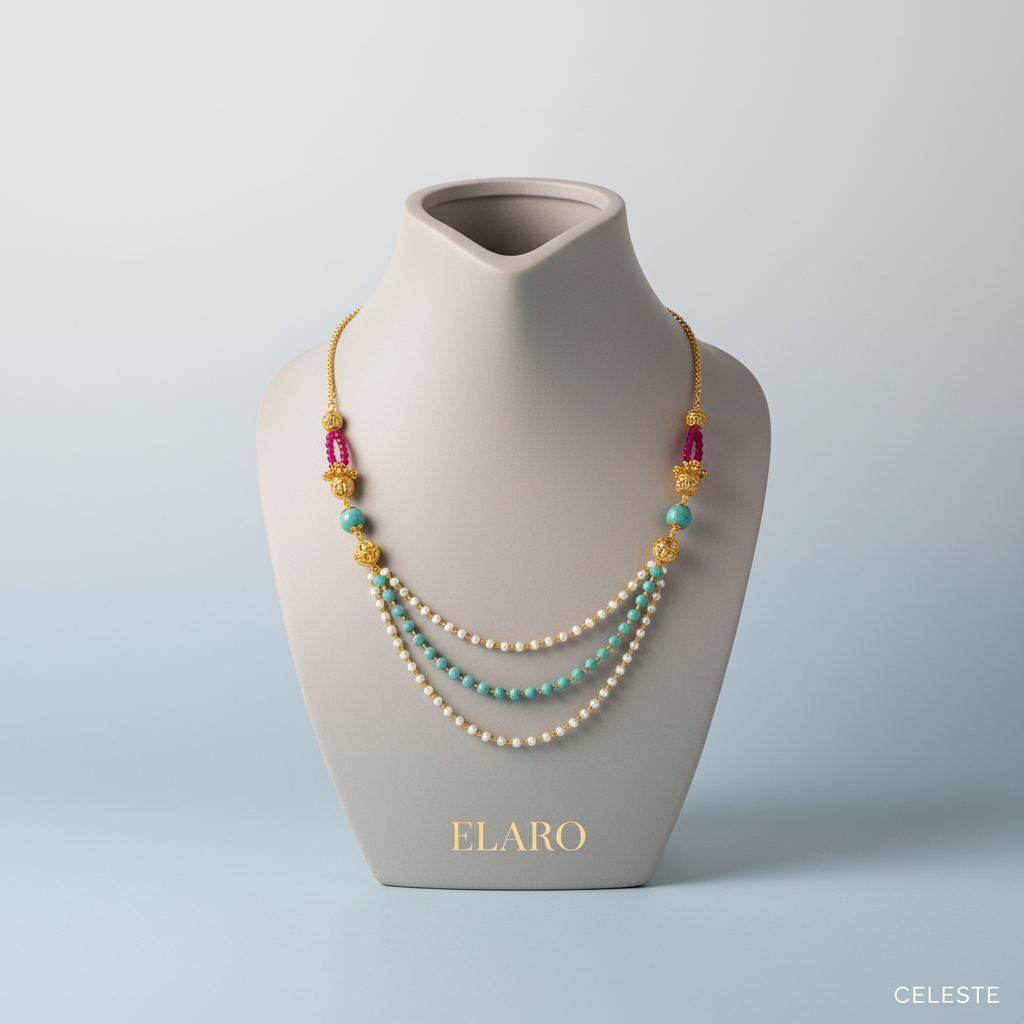 EL ARO Triple Strand Aqua Crystal & Gold Bead Necklace with Filigree Accents