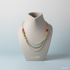 EL ARO Triple Strand Aqua Crystal & Gold Bead Necklace with Filigree Accents