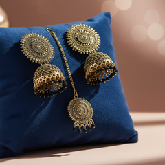 EL ARO Vintage Antique Gold Starburst Jhumka Earrings with Black Beads