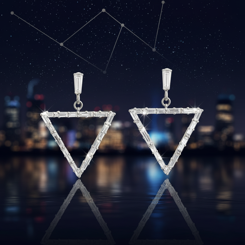 EL ARO Glamorous Silver Baguette Crystal Triangle Drop Earrings for Women