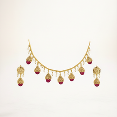 EL ARO Gold Floral Jhumka Necklace Set with Pink, Purple & Black Bead Drops