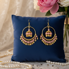 EL ARO Gold Hoop Jhumka Earrings with Mint Green Beads & Leaf Drops