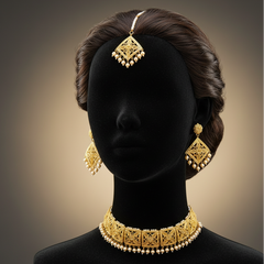 EL ARO  Bridal Gold Choker Necklace Set with Maang Tikka and Drop Earrings For Women