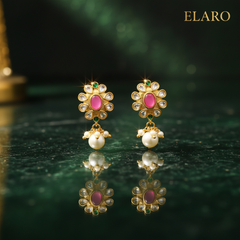EL ARO Elegant Pink Kundan Floral Drop Earrings with Pearl Hangings