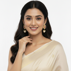 EL ARO Elegant Pink Kundan Floral Drop Earrings with Pearl Hangings