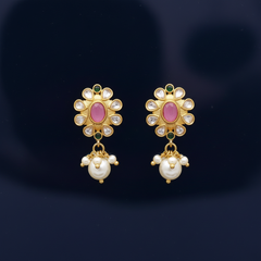 EL ARO Elegant Pink Kundan Floral Drop Earrings with Pearl Hangings