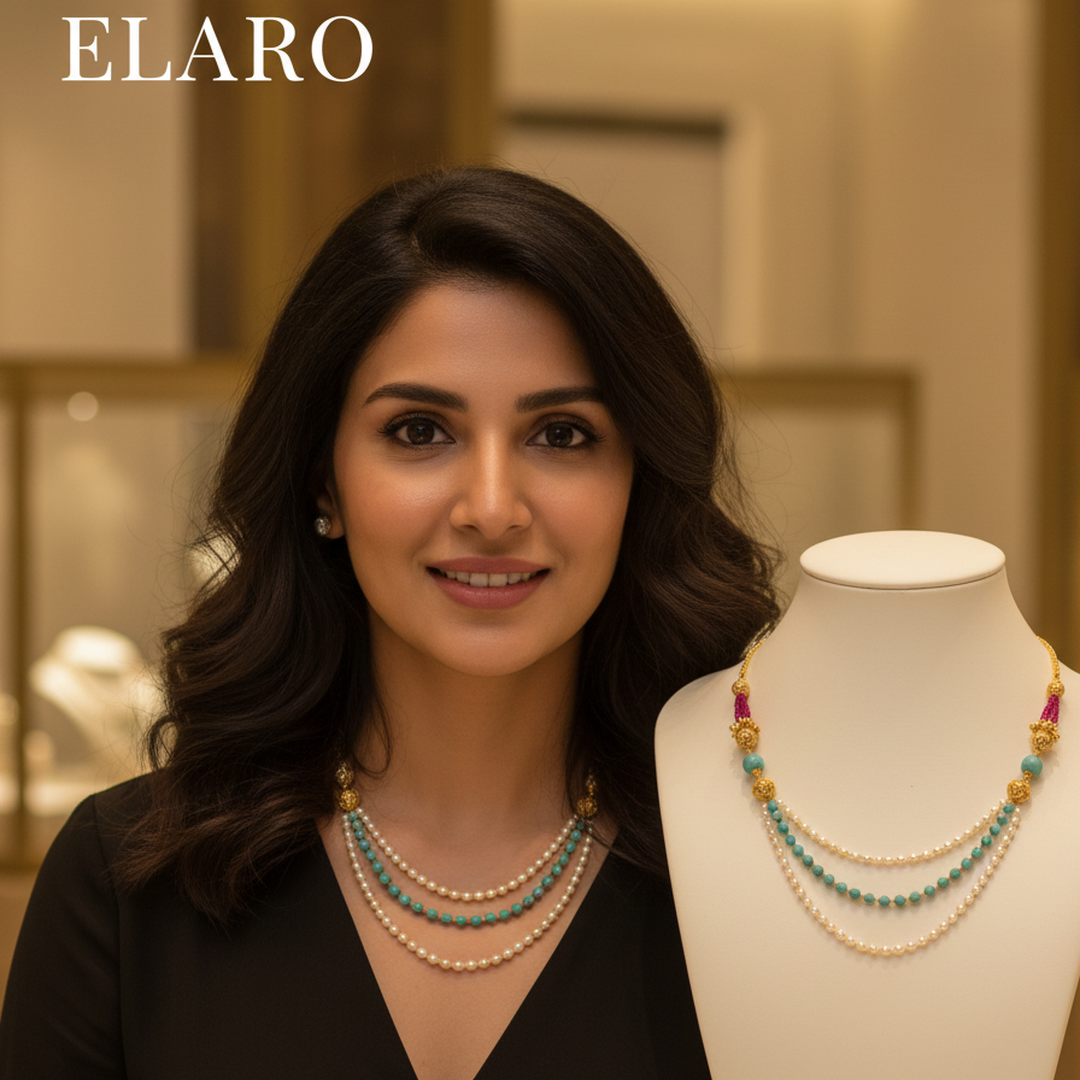 EL ARO Triple Strand Aqua Crystal & Gold Bead Necklace with Filigree Accents