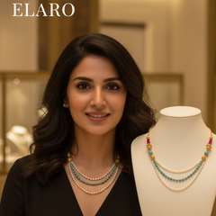 EL ARO Triple Strand Aqua Crystal & Gold Bead Necklace with Filigree Accents