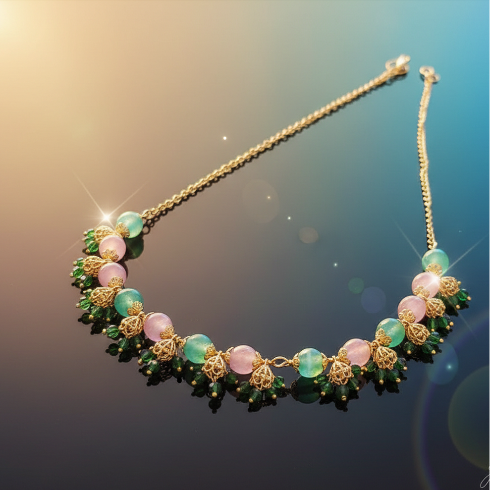 Elaro Pink & Mint Bead Necklace with Gold Filigree Caps — Everyday Elegance