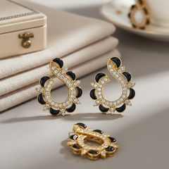 EL ARO Gold & Black Enamel Paisley Swirl CZ Stud Earrings