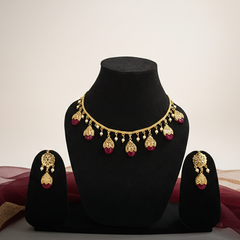 EL ARO Gold Floral Jhumka Necklace Set with Pink, Purple & Black Bead Drops