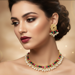 EL ARO Traditional Gold-Plated Multi-Color Beaded Choker Necklace Set with Matching Drop Earrings