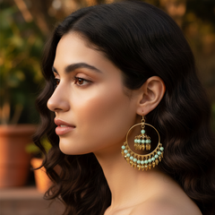 EL ARO Gold Hoop Jhumka Earrings with Mint Green Beads & Leaf Drops