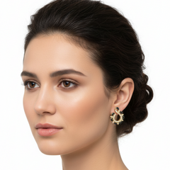 EL ARO Gold & Black Enamel Paisley Swirl CZ Stud Earrings