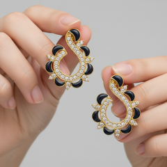 EL ARO Gold & Black Enamel Paisley Swirl CZ Stud Earrings