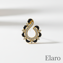 EL ARO Gold & Black Enamel Paisley Swirl CZ Stud Earrings