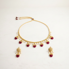 EL ARO Gold Floral Jhumka Necklace Set with Pink, Purple & Black Bead Drops