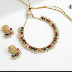 EL ARO Traditional Gold-Plated Multi-Color Beaded Choker Necklace Set with Matching Drop Earrings