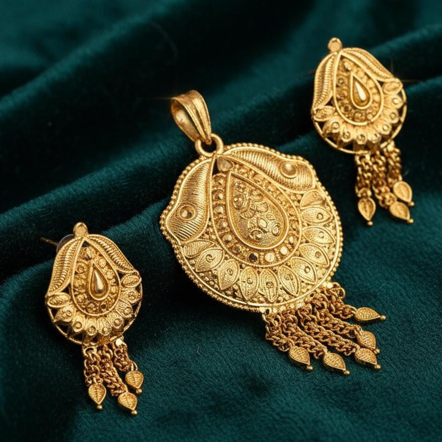 EL ARO Traditional Gold-Plated Pendant and Earrings Jewellery Set for Women