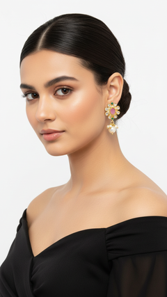 EL ARO Kundan Floral Stud Earrings with Pink Stone & Pearl Drop
