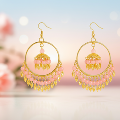 EL ARO Gold Hoop Jhumka Earrings with Mint Green Beads & Leaf Drops