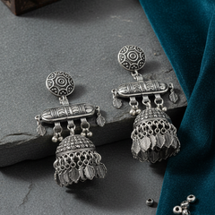 EL ARO Bohemian Antique Silver Jhumka Drop Earrings with Hanging Leaf Accents