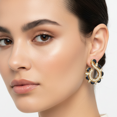 EL ARO Gold & Black Enamel Paisley Swirl CZ Stud Earrings
